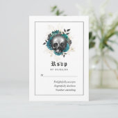 Blauwgroen Floral Gothic Skull Wedding RSVP Kaartje (Staand voorkant)