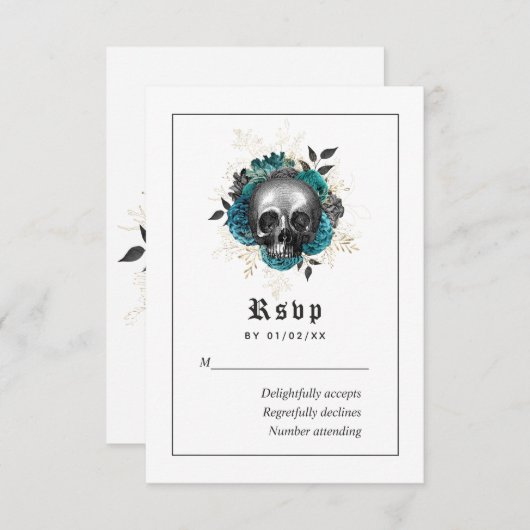 Blauwgroen Floral Gothic Skull Wedding RSVP Kaartje (Voorkant / Achterkant)