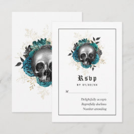 Blauwgroen Floral Gothic Skull Wedding RSVP Kaartje