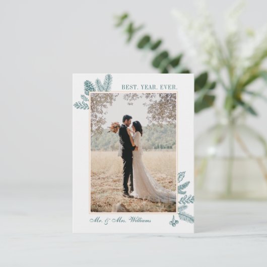 Blauwgroen Floral met prettige kerst | Fotovakanti Feestdagenkaart (Staand voorkant)