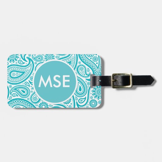 Blauwgroen Floral Paisley Monogram Patroon Bagagelabel (Voorkant horizontaal)