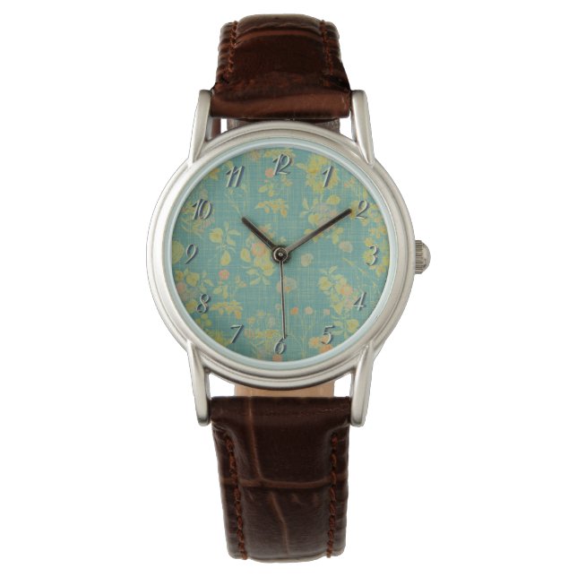  Blauwgroen Floral Patroon Horloge (Voorkant)
