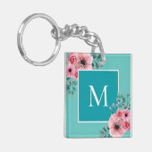 Blauwgroen | Floral Photo Monogram Key Ring Sleutelhanger (Voorkant Links)