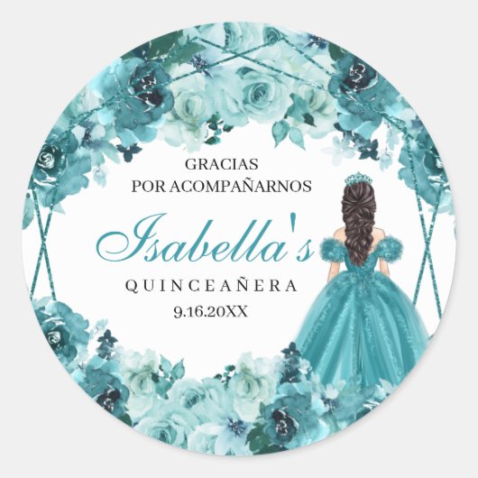 Blauwgroen Floral Quinceanera Classic Round Sticke Ronde Sticker (Voorkant)