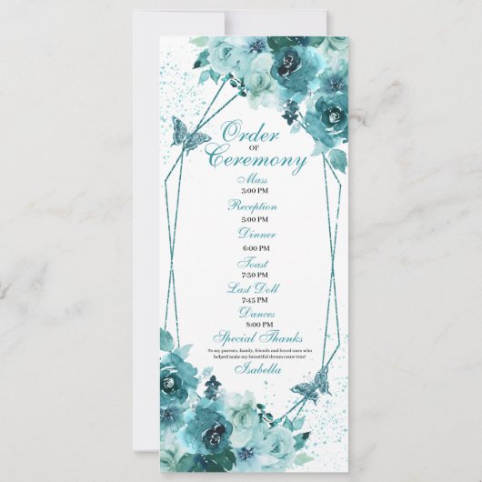 Blauwgroen Floral Quinceanera-programma Kaart (Achterkant)