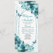 Blauwgroen Floral Quinceanera-programma Kaart (Voorkant / Achterkant)