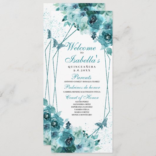 Blauwgroen Floral Quinceanera-programma Kaart (Voorkant / Achterkant)