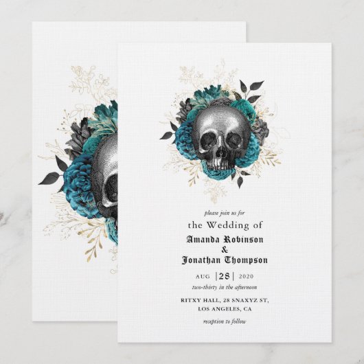 Blauwgroen Floral Skull Halloween Gothic Wedding Kaart (Voorkant / Achterkant)
