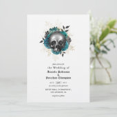 Blauwgroen Floral Skull Halloween Gothic Wedding Kaart (Staand voorkant)