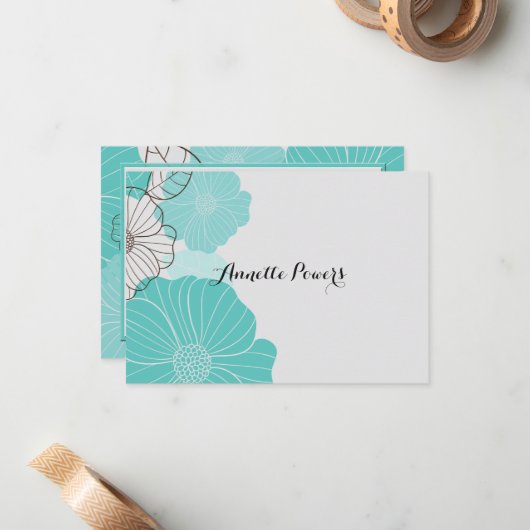 Blauwgroen Floral Stationery Notitiekaartje (Voorkant / Achterkant in situ)