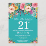 Blauwgroen Floral Surprise 21st Birthday Invitatio Kaart<br><div class="desc">Blauwgroen Floral Surprise 21st Birthday Invitation for Women. Waterverf Floral Flower. Blauwgroen Aqua Turquoise Achtergrond. Roze, geel, Oranje, Paars ventilator. Volwassen verjaardag. 13e 15e 16e 18e 21e 30e 40e 50e 60e 70e 90e 100e, Alle leeftijden. Voor verdere aanpassing, te klikken gelieve de knoop "van de Aanpassing het"en ons ontwerphulpmiddel te...</div>