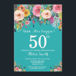 Blauwgroen Floral Surprise 50th Birthday Invitatio Kaart<br><div class="desc">Blauwgroen Floral Surprise 50th Birthday Invitation for Women. Waterverf Floral Flower. Blauwgroen Aqua Turquoise Achtergrond. Roze, geel, Oranje, Paars ventilator. Volwassen verjaardag. 13e 15e 16e 18e 21e 30e 40e 50e 60e 70e 90e 100e, Alle leeftijden. Voor verdere aanpassing, te klikken gelieve de knoop "van de Aanpassing het"en ons ontwerphulpmiddel te...</div>