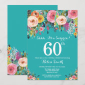 Blauwgroen Floral Surprise 60th Birthday Invitatio Kaart (Voorkant / Achterkant)