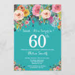 Blauwgroen Floral Surprise 60th Birthday Invitatio Kaart<br><div class="desc">Blauwgroen Floral Surprise 60th Birthday Invitation for Women. Waterverf Floral Flower. Blauwgroen Aqua Turquoise Achtergrond. Roze, geel, Oranje, Paars ventilator. Volwassen verjaardag. 13e 15e 16e 18e 21e 30e 40e 50e 60e 70e 90e 100e, Alle leeftijden. Voor verdere aanpassing, te klikken gelieve de knoop "van de Aanpassing het"en ons ontwerphulpmiddel te...</div>