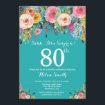 Blauwgroen Floral Surprise 80th Birthday Invitatio Kaart<br><div class="desc">Blauwgroen Floral Surprise 80th Birthday Invitation for Women. Waterverf Floral Flower. Blauwgroen Aqua Turquoise Achtergrond. Roze, geel, Oranje, Paars ventilator. Volwassen verjaardag. 13e 15e 16e 18e 21e 30e 40e 50e 60e 70e 90e 100e, Alle leeftijden. Voor verdere aanpassing, te klikken gelieve de knoop "van de Aanpassing het"en ons ontwerphulpmiddel te...</div>