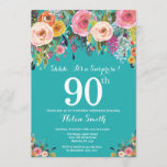 Blauwgroen Floral Surprise 90th Birthday Invitatio Kaart<br><div class="desc">Blauwgroen Floral Surprise 90th Birthday Invitation for Women. Waterverf Floral Flower. Blauwgroen Aqua Turquoise Achtergrond. Roze, geel, Oranje, Paars ventilator. Volwassen verjaardag. 13e 15e 16e 18e 21e 30e 40e 50e 60e 70e 90e 100e, Alle leeftijden. Voor verdere aanpassing, te klikken gelieve de knoop "van de Aanpassing het"en ons ontwerphulpmiddel te...</div>