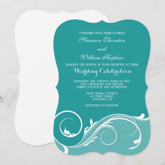 Blauwgroen Floral Swirl Bracket Wedding Invitae Kaart (Voorkant / Achterkant)
