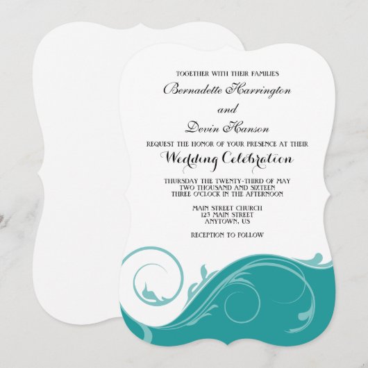 Blauwgroen Floral Swirl Bracket Wedding Invitae Kaart (Voorkant / Achterkant)