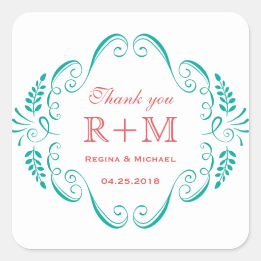  Blauwgroen Floral Swirl Wedding Favor Sticker (Voorkant)