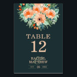 Blauwgroen Floral Waterverf tabelnummers peach Jad Kaart<br><div class="desc">Elegant waterverf bloemen in parelschoppen tot oranje gesneden met blauwgroen tot groen gebladerd gebladerte markeren deze tafelgenummerde kaarten met kikkerperzikkleurig. Personaliseer met uw informatie die prints op de voor en rug (dubbelzijdig). NOTA: Creëer en voeg elke kaart van het lijstaantal toe die u aan uw kar individueel nodig hebt. Verander...</div>