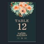 Blauwgroen Floral Waterverf tabelnummers peach Jad Kaart<br><div class="desc">Elegant waterverf bloemen in parelschoppen tot oranje gesneden met blauwgroen tot groen gebladerd gebladerte markeren deze tafelgenummerde kaarten met kikkerperzikkleurig. Personaliseer met uw informatie die prints op de voor en rug (dubbelzijdig). NOTA: Creëer en voeg elke kaart van het lijstaantal toe die u aan uw kar individueel nodig hebt. Verander...</div>