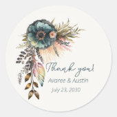 Blauwgroen Floral Wedding Dank je Ronde Sticker (Voorkant)