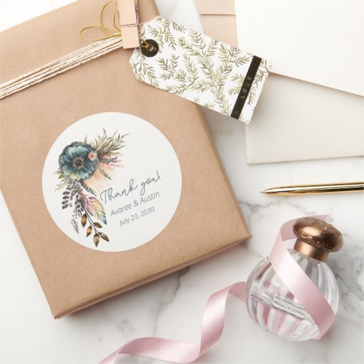 Blauwgroen Floral Wedding Dank je Ronde Sticker (Geschenken)