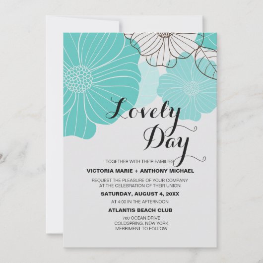 Blauwgroen Floral Wedding Invitations Kaart (Voorkant)