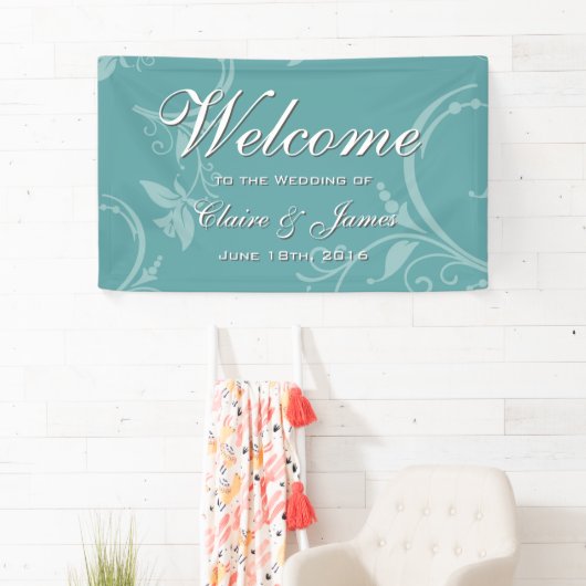 Blauwgroen Floral Welcome Wedding Spandoek (Insitu)