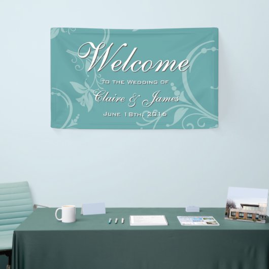  Blauwgroen Floral Welcome Wedding Spandoek (Beurs)