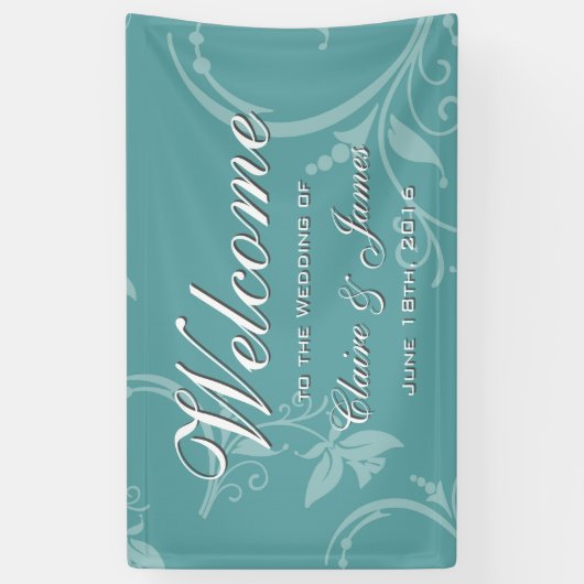  Blauwgroen Floral Welcome Wedding Spandoek (Verticaal)