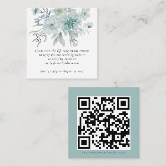 Blauwgroen Florals QR Code Weddenschap RSVP Enclos Notitiekaartje (Voorkant / Achterkant)