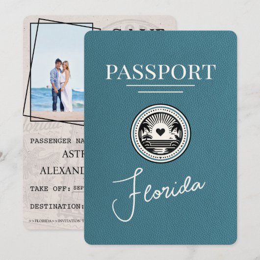 Blauwgroen Florida Passport Bewaar de datum Save The Date (Voorkant / Achterkant)