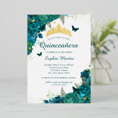 Blauwgroen Flower Butterfly Elegant Quinceanera Folie Uitnodiging (Staand Voorkant)