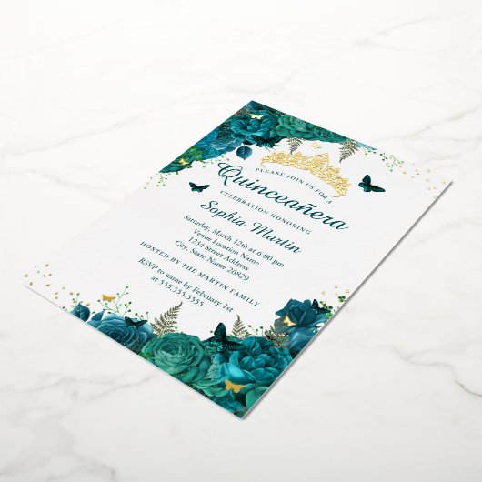 Blauwgroen Flower Butterfly Elegant Quinceanera Folie Uitnodiging (Gedraaid)