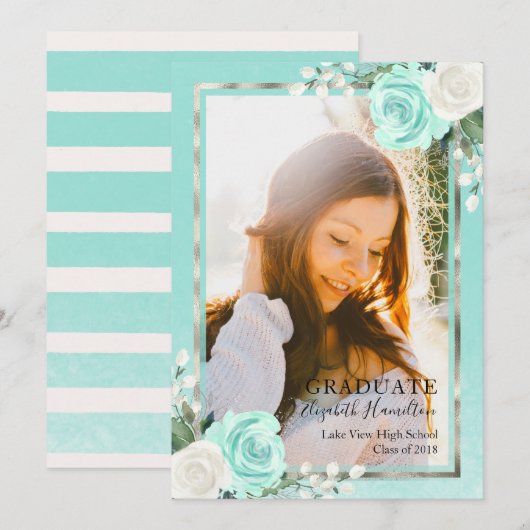 Blauwgroen & Folie Zilveren Bloemen Afstudeerder A Aankondiging (Voorkant / Achterkant)