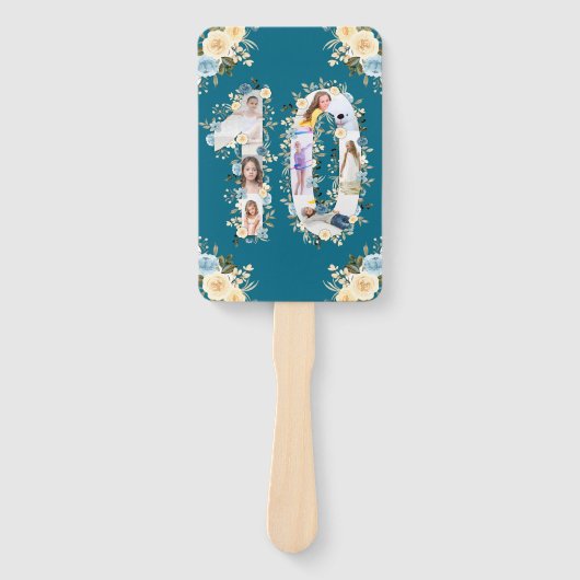 Blauwgroen foto 10e verjaardag Collage Yellow Flow Handwaaier (Voorkant)