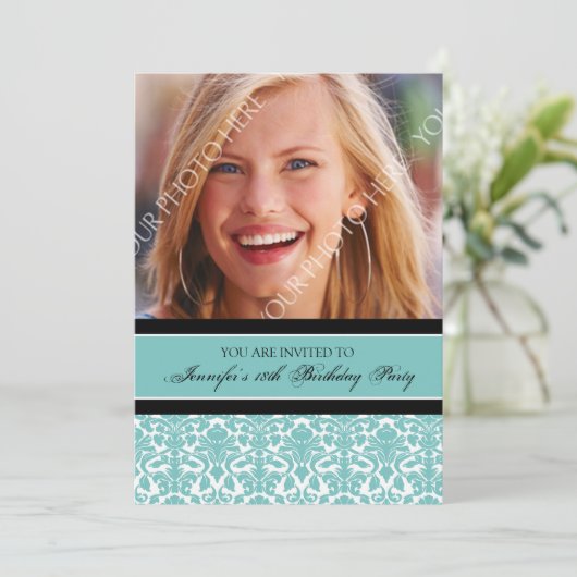 Blauwgroen Foto 18th Birthday Party-uitnodigingen Kaart (Staand voorkant)