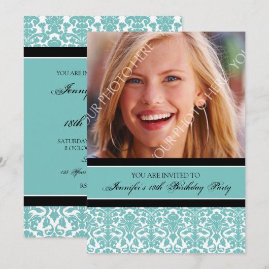 Blauwgroen Foto 18th Birthday Party-uitnodigingen Kaart (Voorkant / Achterkant)
