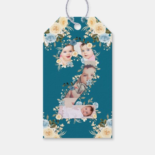 Blauwgroen foto 2e verjaardag Collage Blue Yellow  Cadeaulabel (Voorkant)