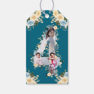 Blauwgroen foto 4e verjaardag Collage Blue Yellow  Cadeaulabel