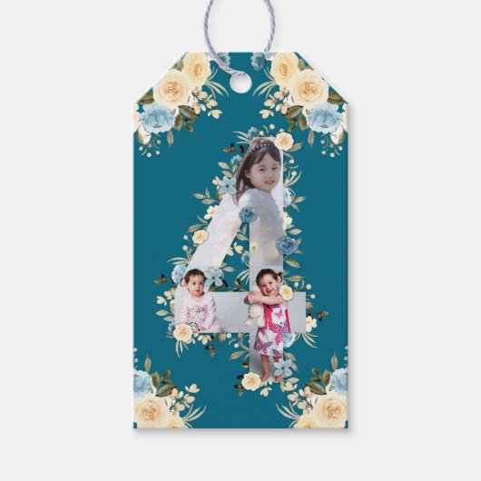 Blauwgroen foto 4e verjaardag Collage Blue Yellow  Cadeaulabel (Voorkant)