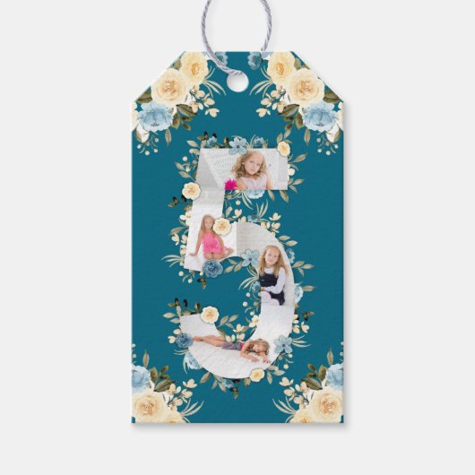 Blauwgroen Foto 5th Birthday Collage Blue Yellow F Cadeaulabel (Voorkant)