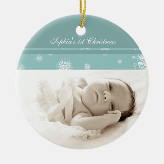 Blauwgroen Foto Baby's eerste kerstversiering Keramisch Ornament (Voorkant)