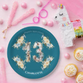 Blauwgroen foto Collage 13th Birthday Yellow Flowe Papieren Bordje (Feest)