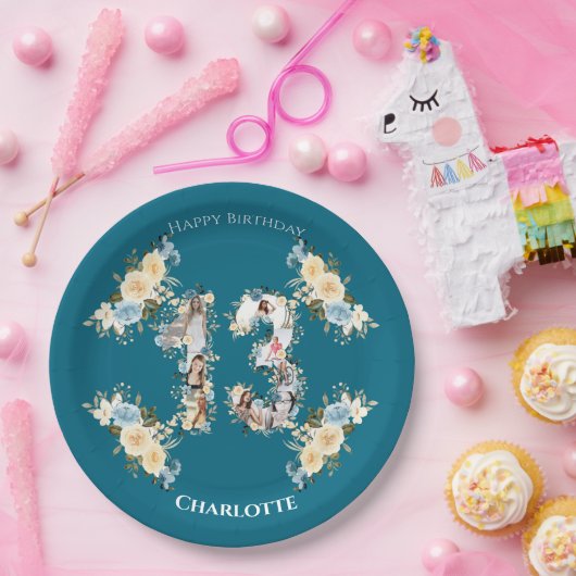 Blauwgroen foto Collage 13th Birthday Yellow Flowe Papieren Bordje (Feest)