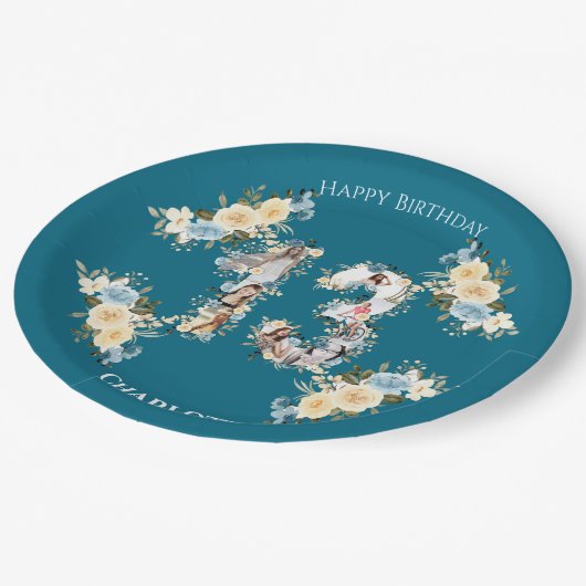 Blauwgroen foto Collage 13th Birthday Yellow Flowe Papieren Bordje (Gekanteld)