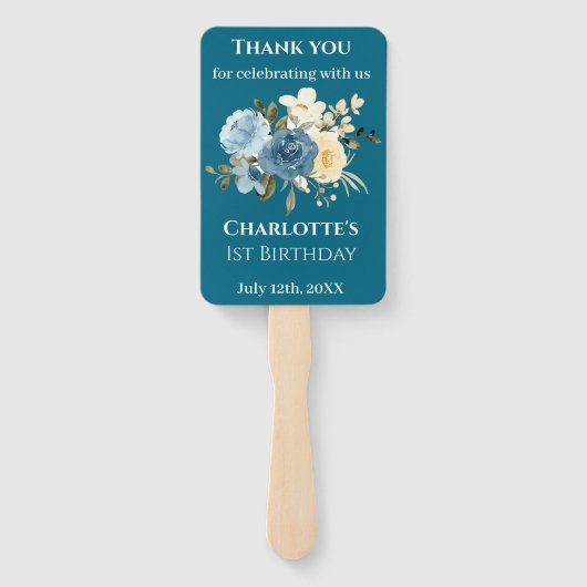 Blauwgroen foto Collage 1st Birthday Blue Yellow F Handwaaier (Achterkant)