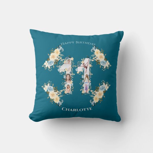 Blauwgroen foto Collage Yellow Flower 11th Birthda Kussen (Voorkant)