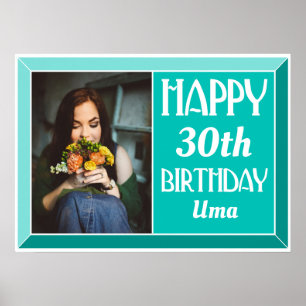 Blauwgroen foto met schuine rand Art Deco Birthday Poster